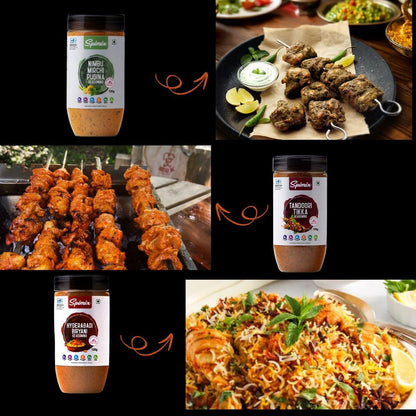 Spimix Indian Feast Combo | Hyderabadi Biryani, Tandoori Tikka & Nimbu Mirch Pudhina Seasoning with vitamins