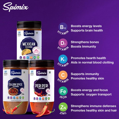 Spimix Bold & Spicy Combo | Cajun, Mexican & Peri Peri Seasoning with Vitamins