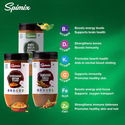 Spimix Indian Feast Combo | Hyderabadi Biryani, Tandoori Tikka & Nimbu Mirch Pudhina Seasoning with vitamins